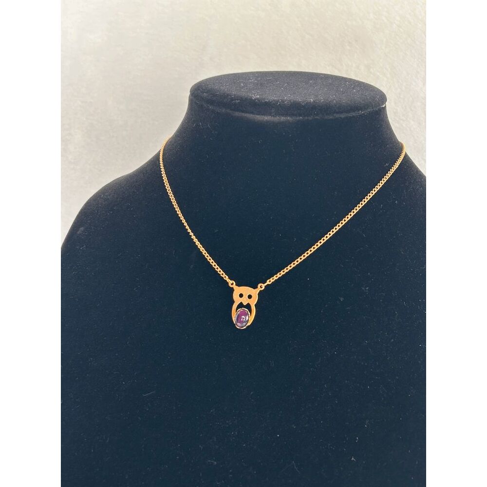 Gold Toned Art Deco Owl Pendant Necklace with Purple Stone 15.5 Inch